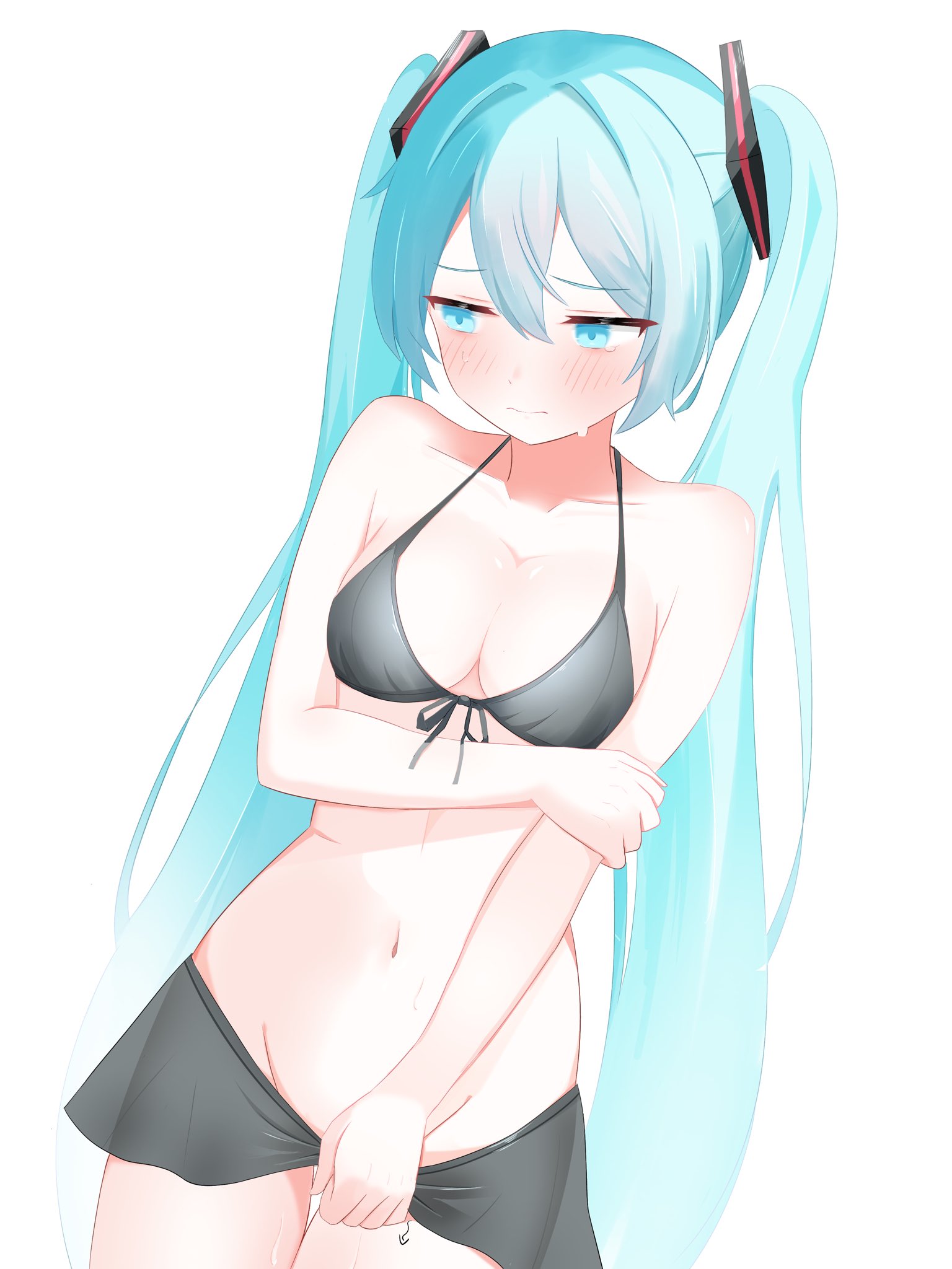 y vdo, hatsune miku, vocaloid, commentary, highres, symbol-only commentary, 1girl, aqua eyes, aqua hair, bare arms, bare shoulders, bikini, bikini skirt, black bikini, blush, breasts, cleavage, closed mouth, clothes pull, collarbone, cowboy shot, embarrassed, front-tie bikini top, front-tie top, groin, hair between eyes, hair intakes, hair ornament, halterneck, holding own arm, long hair, looking to the side, medium breasts, navel, pulling own clothes, see-through bikini, see-through clothes, sidelocks, simple background, skirt, skirt pull, solo, standing, stomach, sweatdrop, swimsuit, tearing up, thigh gap, twintails, very long hair, white background