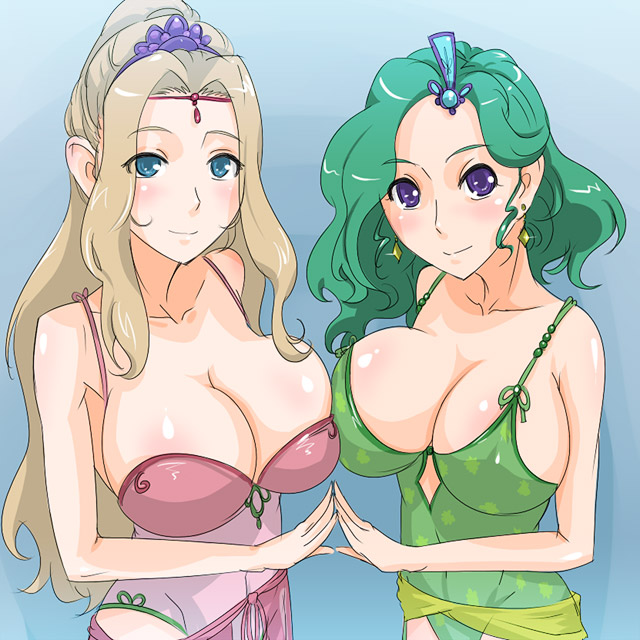 jt dong-agyoku, rosa farrell, rydia (adult) (ff4), rydia (ff4), final fantasy, final fantasy iv, non-web source, 1990s (style), 2girls, aged up, asymmetrical docking, blue background, blue eyes, blush, breast press, breasts, cleavage, collarbone, earrings, green hair, huge breasts, jewelry, light smile, long hair, looking at viewer, multiple girls, purple eyes, retro artstyle