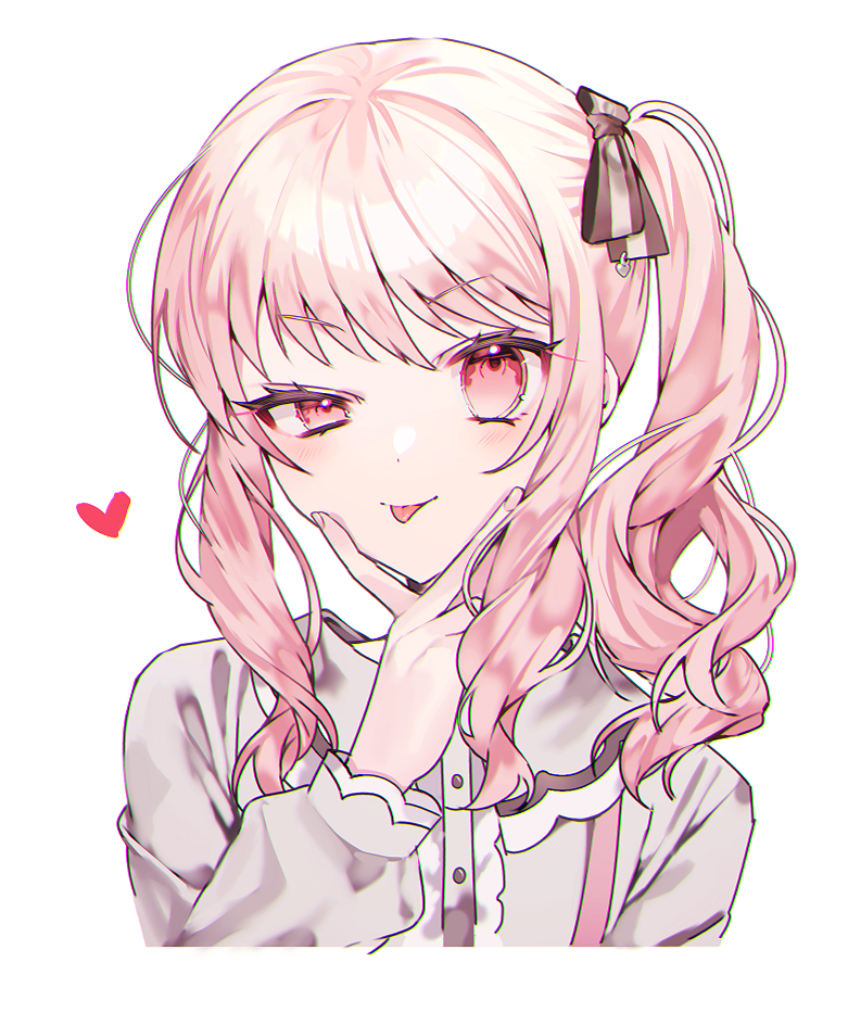 pill (mrdv4444), akiyama mizuki, project sekai, commentary request, 1other, blush, bow, brown bow, buttons, chromatic aberration, closed mouth, collared shirt, cropped torso, drill hair, fingernails, frilled sleeves, frills, grey bow, grey shirt, hair bow, hand up, heart, long hair, long sleeves, looking at viewer, other focus, pink eyes, pink hair, puffy long sleeves, puffy sleeves, shirt, side drill, side ponytail, sidelocks, simple background, smile, solo, striped bow, suspenders, swept bangs, tongue, tongue out, two-tone bow, uneven eyes, v, v-shaped eyebrows, v over mouth, white background