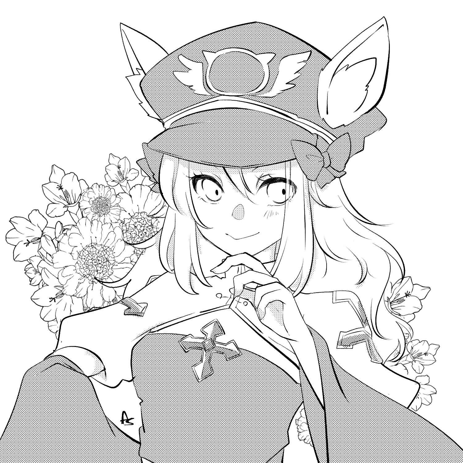 asuta (kinakomoti300), arch bishop (ragnarok online), ragnarok online, commentary request, highres, 1girl, animal ear headwear, animal ears, blush, bow, breasts, cat ears, cleavage cutout, closed mouth, clothing cutout, cross, fake animal ears, flower, greyscale, hair bow, hand on own chin, hat, juliet sleeves, long hair, long sleeves, looking afar, looking to the side, monochrome, peaked cap, puffy sleeves, simple background, small breasts, smile, solo