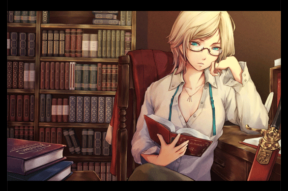 tokunou shoutarou, original, light, animated, animated gif, 1girl, blonde hair, book, bookshelf, female focus, glasses, green eyes, open clothes, open shirt, shirt, short hair, sitting, solo, sword, weapon