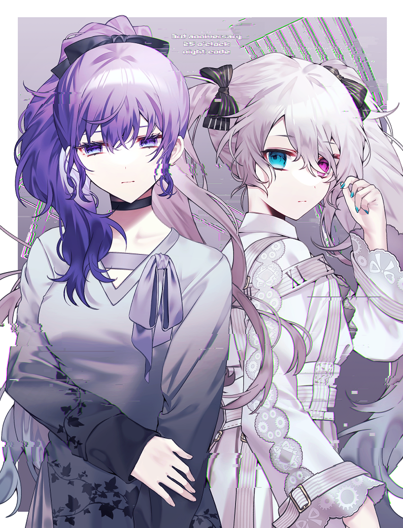 pill (mrdv4444), 25-ji miku, asahina mafuyu, hatsune miku, project sekai, vocaloid, commentary request, 2girls, anniversary, aqua nails, back-to-back, black bow, black choker, blue eyes, border, bow, breasts, choker, chromatic aberration, closed mouth, collarbone, double-parted bangs, dress, dress bow, expressionless, frilled sleeves, frills, glitch, grey background, grey dress, hair between eyes, hair bow, hand on own arm, hand up, heterochromia, high ponytail, light frown, long hair, long sleeves, looking at viewer, looking back, looking to the side, multiple girls, nail polish, outside border, pink eyes, ponytail, purple bow, purple eyes, purple hair, simple background, small breasts, striped bow, twintails, upper body, v-neck, very long hair, wavy hair, white border, white dress