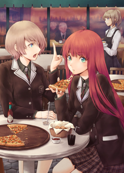 tokunou shoutarou, lulu (komorebi no kuni), lulu (shoutarou), komorebi no kuni, original, 2girls, blue eyes, bolo tie, eating, food, green eyes, long hair, looking at viewer, multiple girls, pizza, plaid clothes, plaid skirt, pointing, red hair, school uniform, serafuku, short hair, sitting, skirt