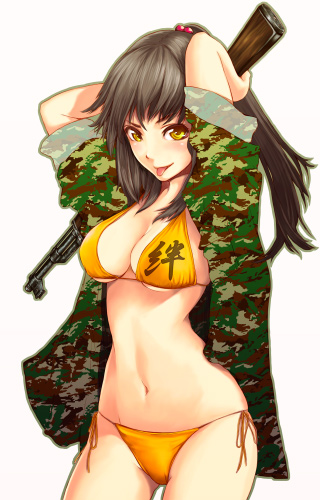 tokunou shoutarou, original, lowres, 1girl, :p, arms behind head, arms up, bikini, breasts, brown hair, camouflage, cleavage, female focus, gun, hair bobbles, hair ornament, long hair, looking at viewer, medium breasts, navel, open clothes, open shirt, orange bikini, ponytail, shirt, side-tie bikini bottom, simple background, sleeves rolled up, solo, swimsuit, tongue, tongue out, underboob, weapon, white background, yellow eyes