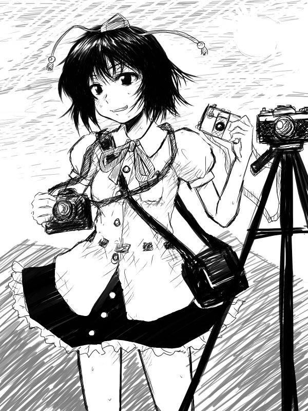 shameimaru aya, touhou, looking away, non-web source, 1girl, female focus, greyscale, hat, looking at viewer, monochrome, smile, solo
