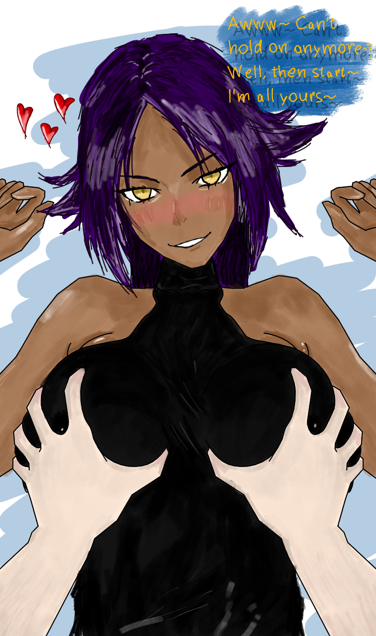 paranoid (the artist), shihouin yoruichi, bleach, highres, 1boy, 1girl, bare shoulders, breasts, collarbone, dark-skinned female, dark skin, english text, grabbing another's breast, groping, hair ornament, heart, large breasts, light blush, long hair, lying, on back, parted bangs, ponytail, purple hair, yellow eyes