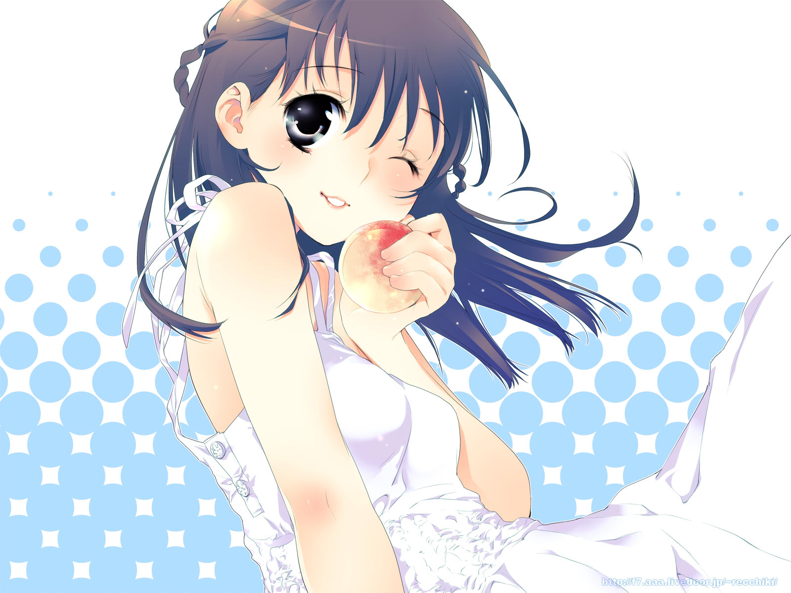 888, original, highres, 1girl, blue hair, braid, dress, female focus, food, fruit, holding, holding food, holding fruit, long hair, one eye closed, peach, smile, solo, wink