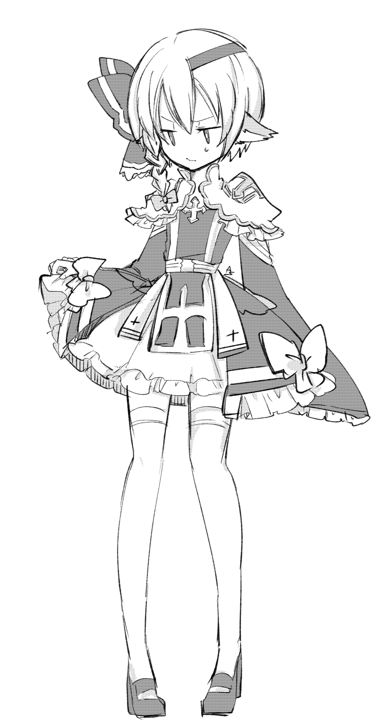 asuta (kinakomoti300), arch bishop (ragnarok online), ragnarok online, commentary request, highres, 1girl, bow, braid, closed mouth, cross, dress, dress bow, flat chest, frilled dress, frilled sleeves, frills, frown, full body, greyscale, hair bow, headband, looking down, monochrome, official alternate costume, shoes, short hair, side braid, simple background, single braid, solo, standing, thighhighs
