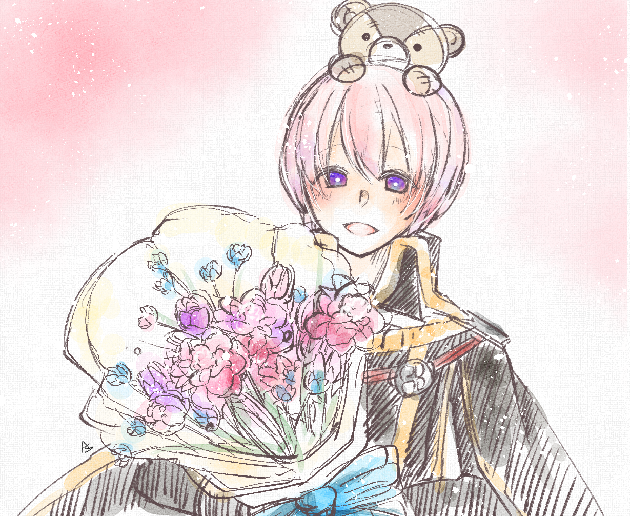 asuta (kinakomoti300), rebellion (ragnarok online), ragnarok online, commentary request, 1boy, black coat, bouquet, coat, doll on head, flower, holding, holding bouquet, looking at viewer, male focus, open mouth, pink background, pink flower, pink hair, purple eyes, short hair, smile, solo, stuffed animal, stuffed toy, teddy bear, upper body