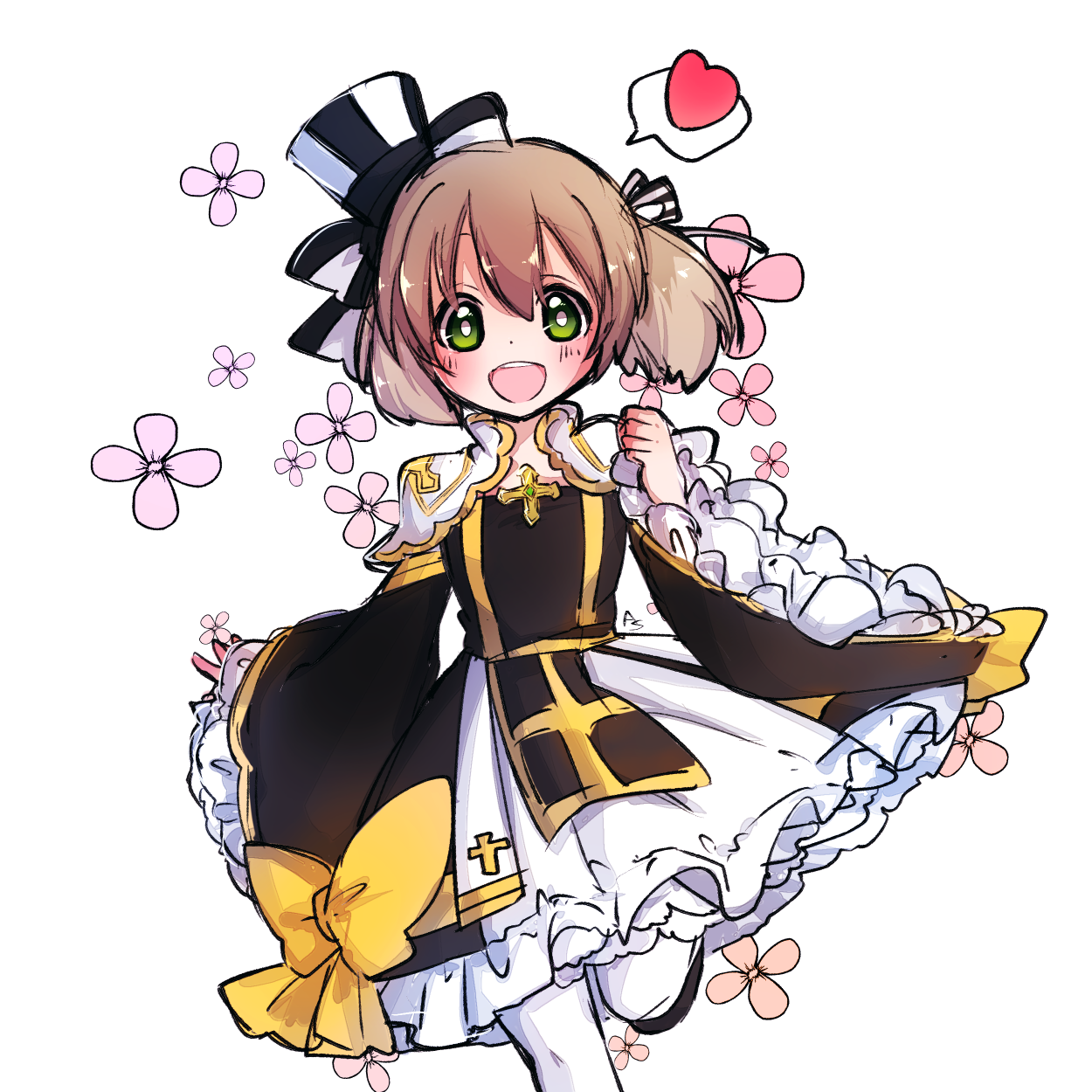 asuta (kinakomoti300), arch bishop (ragnarok online), ragnarok online, commentary request, highres, 1girl, :d, black dress, black hat, black shoes, blush, bow, brown hair, cross, dress, dress bow, flat chest, foot out of frame, frilled dress, frilled sleeves, frills, green eyes, hat, heart, looking at viewer, official alternate costume, open mouth, pantyhose, petticoat, shoes, short hair, simple background, smile, solo, spoken heart, standing, standing on one leg, top hat, two-tone dress, white background, white dress, white hat, white pantyhose, yellow bow