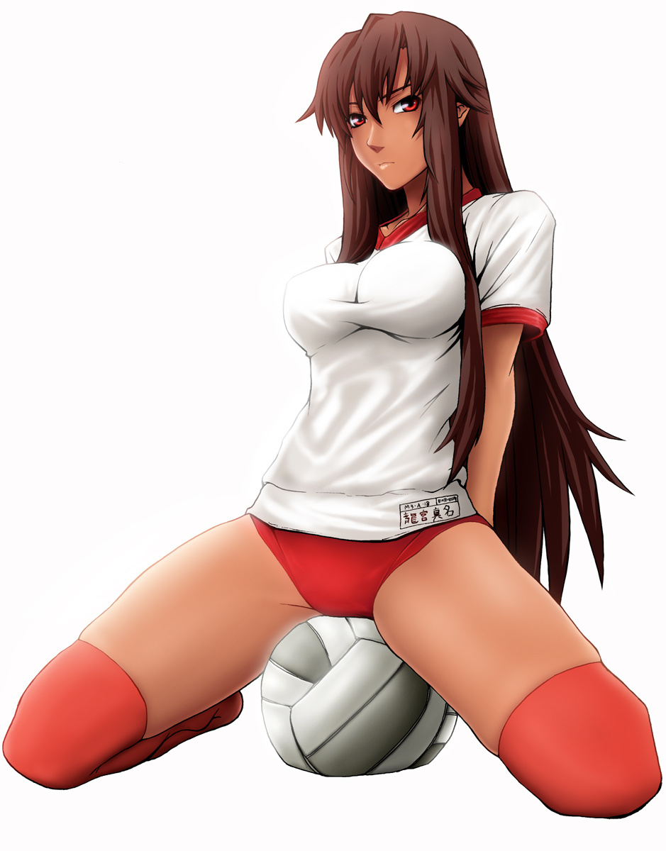 imizu (nitro unknown), tatsumiya mana, mahou sensei negima!, bad id, bad pixiv id, highres, revision, 00s, 1girl, ball, breasts, brown hair, buruma, dark-skinned female, dark skin, female focus, gym uniform, long hair, red eyes, sitting, solo, thighhighs, volleyball, volleyball (object)
