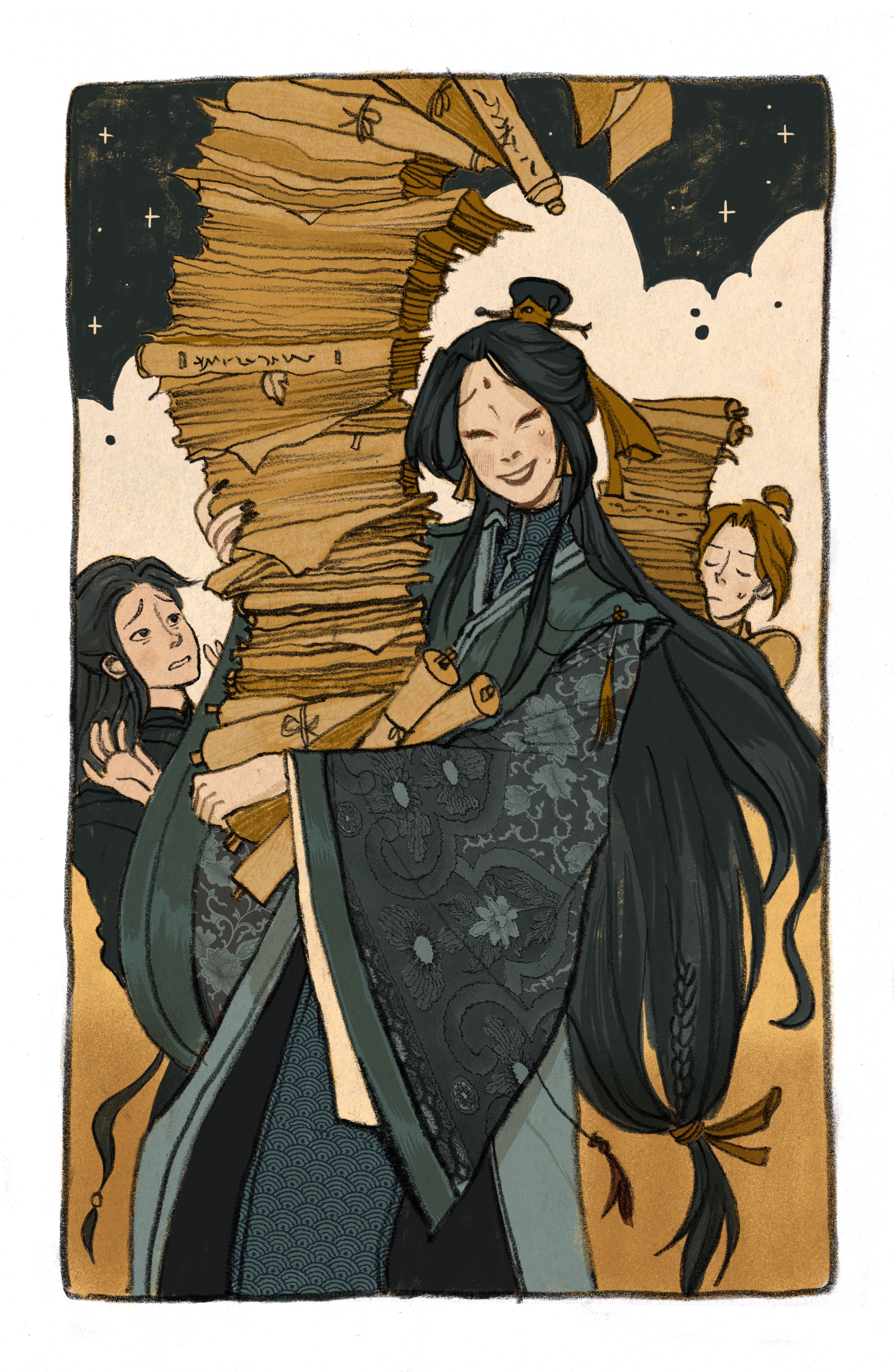 yaroslava murashko, ling wen, tianguan cifu, absurdres, highres, official art, 1girl, 2boys, black border, black eyes, black hair, black hanfu, black nails, black robe, black sky, border, braid, brown hair, brown ribbon, chinese clothes, closed eyes, cloud, cloudy sky, eyeliner, facial mark, forehead mark, green robe, green trim, hair tie, hanfu, holding, holding scroll, inset border, limited palette, long hair, long sleeves, low ponytail, makeup, multiple boys, open mouth, outdoors, papers, parted bangs, people, pile, ponytail, print robe, red eyeliner, ribbon, ribboned xiao guan, robe, rounded corners, scroll, side braid, sky, smile, solo focus, standing, star (sky), starry sky, sweatdrop, tassel, too many papers, very long hair, white border, xiao guan (headdress)