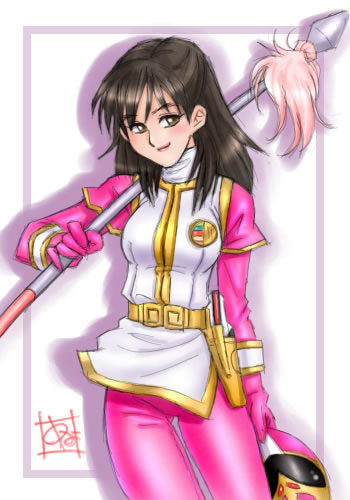 houou ranger, tenpuusei rin, gosei sentai dairanger, super sentai, lowres, 1girl, animification, belt, black hair, bodysuit, breasts, brown eyes, female focus, gloves, gun, helmet, long hair, polearm, solo, spear, tokusatsu, weapon