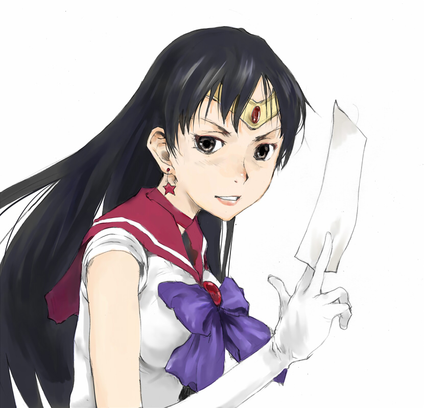 tamaoki benkyou, hino rei, sailor mars, bishoujo senshi sailor moon, bad id, bad pixiv id, 1990s (style), 1girl, black hair, earrings, female focus, gloves, jewelry, long hair, magical girl, ofuda, retro artstyle, solo, tiara, white gloves