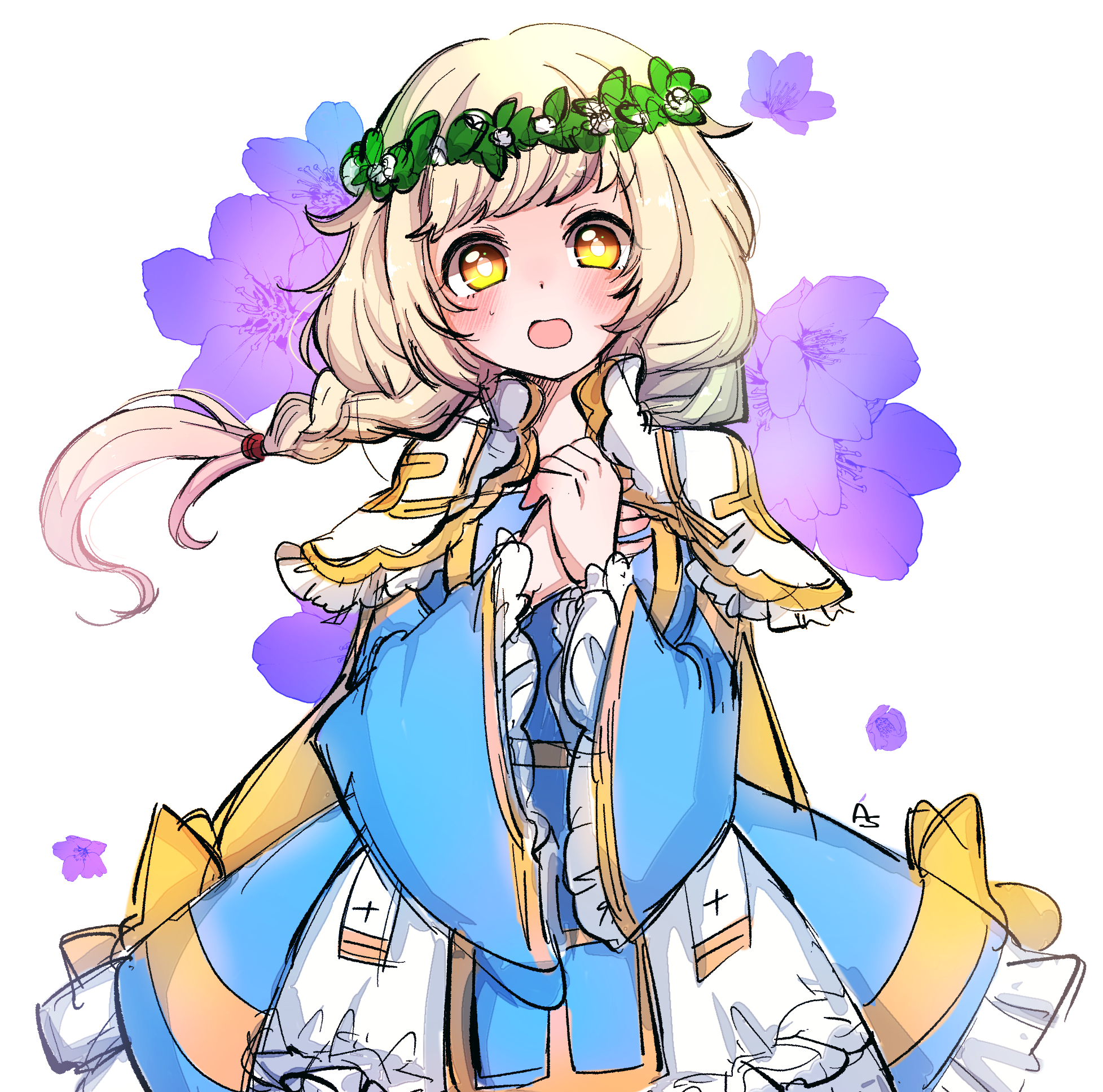 asuta (kinakomoti300), arch bishop (ragnarok online), ragnarok online, commentary request, highres, 1girl, blonde hair, blue dress, blush, bow, braid, braided ponytail, breasts, cowboy shot, dress, dress bow, floral background, flower, frilled dress, frilled sleeves, frills, head wreath, long hair, looking at viewer, medium breasts, official alternate costume, open mouth, own hands together, purple flower, simple background, smile, solo, two-tone dress, white background, white dress, yellow bow, yellow eyes