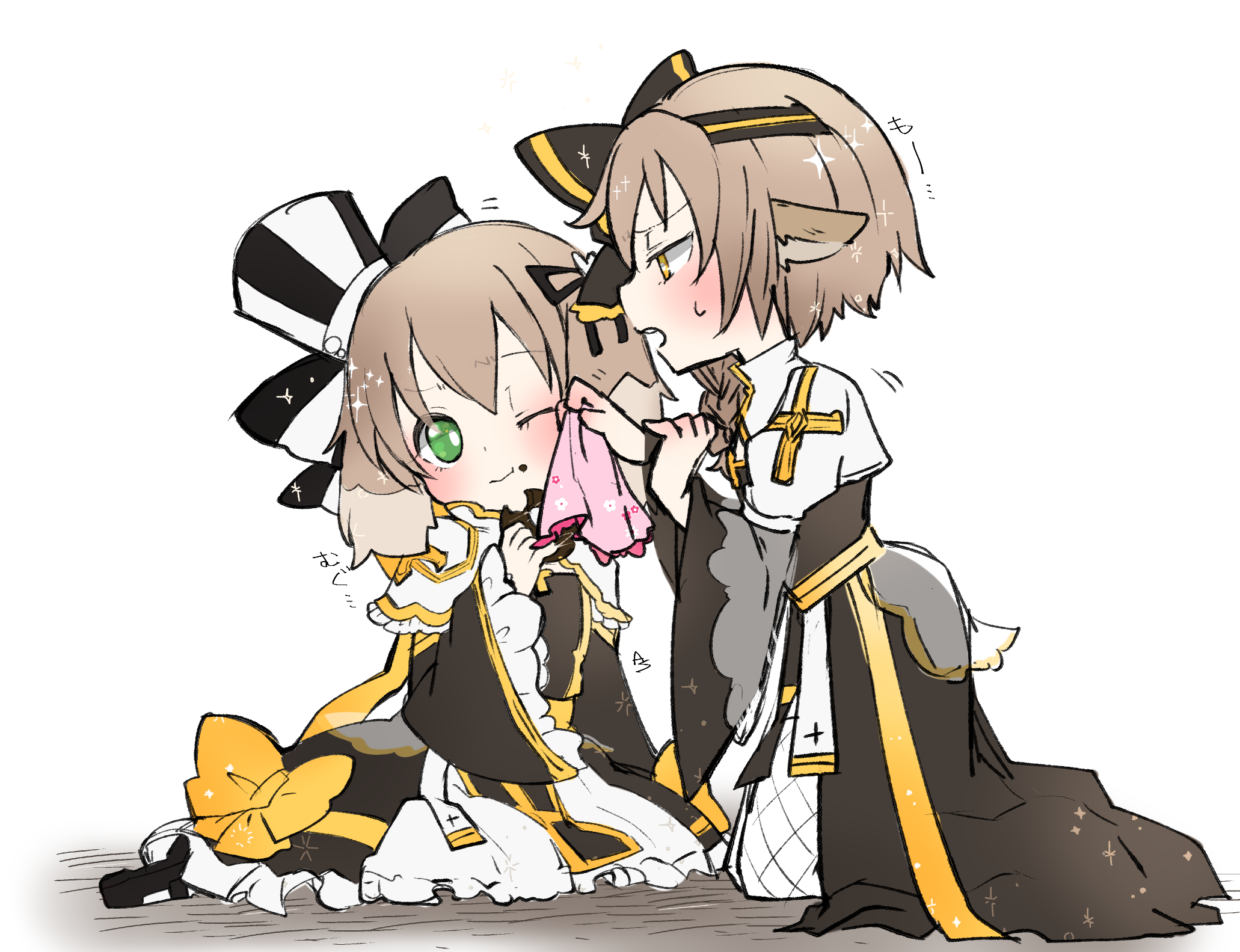 asuta (kinakomoti300), arch bishop (ragnarok online), ragnarok online, commentary request, highres, 2girls, black bow, black dress, black hat, black headband, black shoes, bow, brown hair, closed mouth, donut, dress, dress bow, fishnet thighhighs, fishnets, food, food on face, frilled dress, frilled sleeves, frills, full body, green eyes, handkerchief, hat, headband, holding, holding donut, holding food, holding handkerchief, looking at another, multiple girls, official alternate costume, one eye closed, open mouth, shoes, short hair, simple background, thighhighs, top hat, two-tone dress, two-tone hat, white background, white dress, white hat, white thighhighs, yellow bow