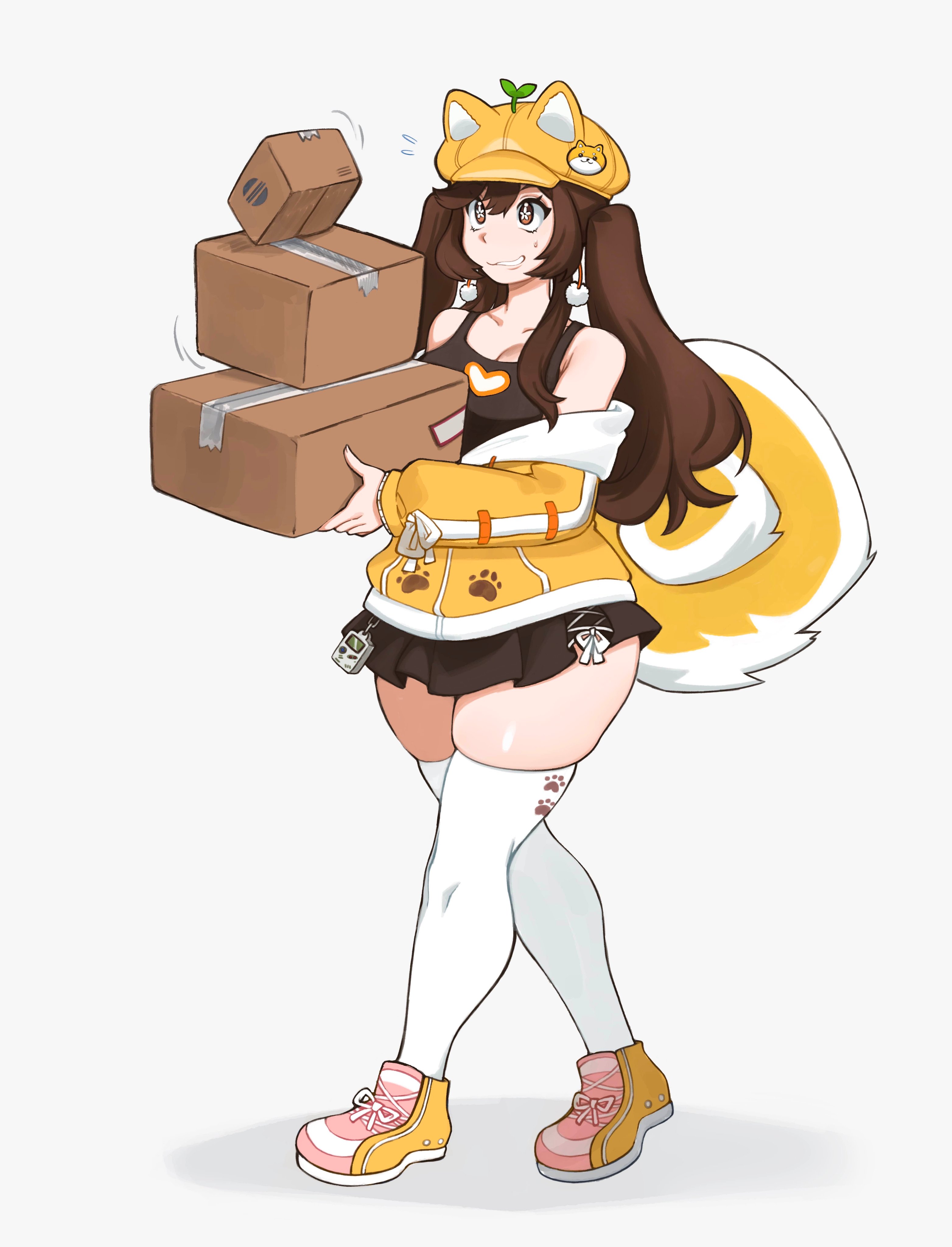 paperrose, aki orange, indie virtual youtuber, absurdres, highres, 1girl, animal ears, belt charm, bow, box, breasts, bright pupils, brown eyes, brown hair, brown skirt, cardboard box, carrying, charm (object), cleavage, fake animal ears, flower-shaped pupils, full body, game boy, handheld game console, hat, heart, long hair, long sleeves, miniskirt, newsboy cap, off shoulder, parted lips, paw print, pink shoes, pleated skirt, pom pom (clothes), shadow, shoes, skirt, solo, sprout on head, standing, sweatdrop, symbol-shaped pupils, thick thighs, thighhighs, thighs, twintails, virtual youtuber, white background, white bow, white pupils, white thighhighs, yellow hat, yellow tail