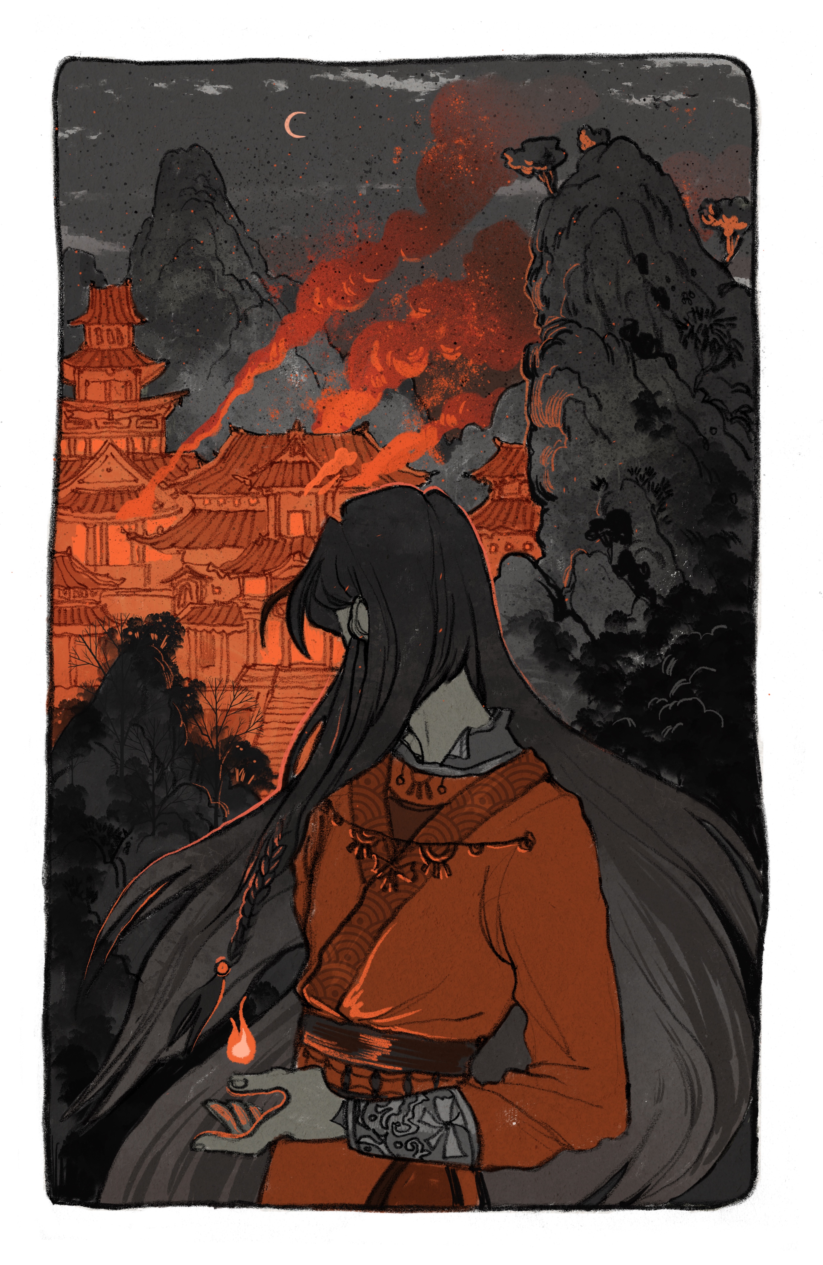 yaroslava murashko, hua cheng, tianguan cifu, absurdres, highres, official art, 1boy, architecture, beads, belt, black hair, border, bracer, braid, burning, butterfly necklace, chinese clothes, collared robe, crescent moon, east asian architecture, fire, from behind, grey sky, hair beads, hair ornament, hanfu, long hair, long sleeves, male focus, monochrome, moon, mountain, night, night sky, object floating above hand, outdoors, red hanfu, red light, red theme, rounded corners, side braid, sky, tree, upper body, very long hair, white border