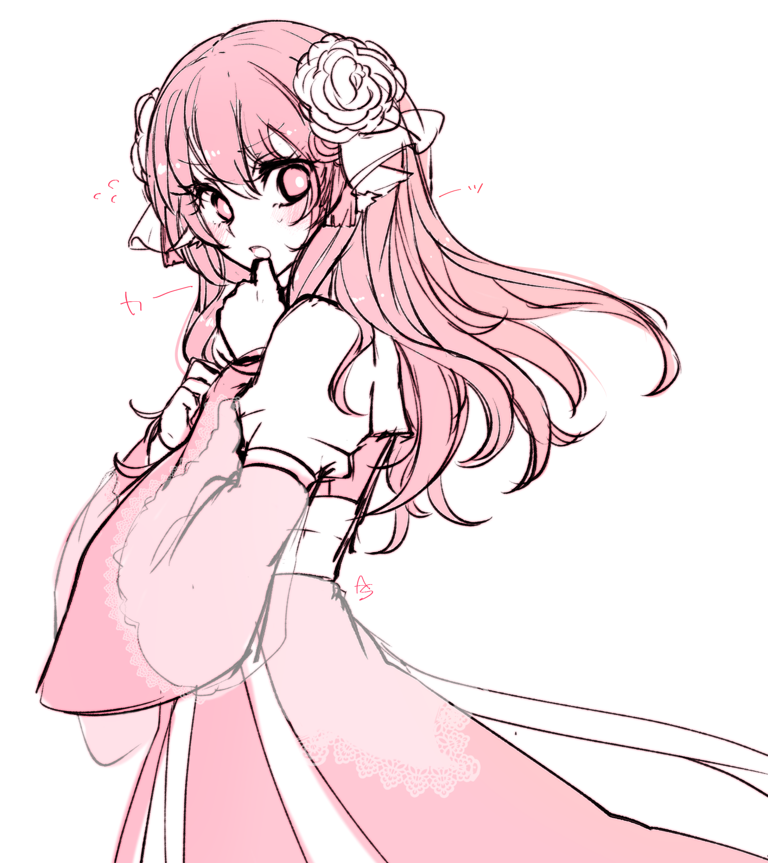 asuta (kinakomoti300), arch bishop (ragnarok online), ragnarok online, commentary request, highres, 1girl, :o, cowboy shot, flower, hair flower, hair ornament, hand up, juliet sleeves, long hair, long sleeves, looking at viewer, looking to the side, monochrome, pink theme, pointy ears, puffy sleeves, simple background, solo, v-shaped eyebrows, wide sleeves