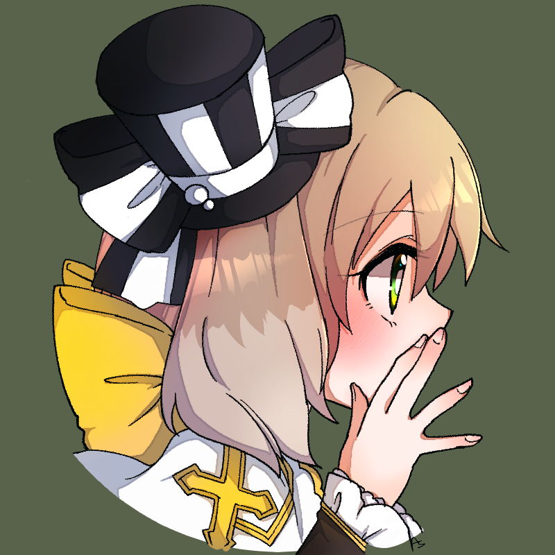 asuta (kinakomoti300), arch bishop (ragnarok online), ragnarok online, commentary request, 1girl, black hat, blush, bow, brown hair, cross, fingernails, green background, green eyes, hand up, hat, looking afar, portrait, profile, short hair, simple background, solo, top hat, yellow bow