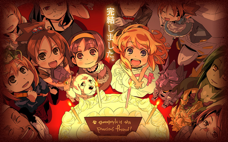 himukai yuuji, higashimiya amane, hyakushiki kaitou, kaitou hyakushiki, lili hamilton, mama (yoshinaga-san'chi no gargoyle), onodera mimori, osiris (mythology), osiris (yoshinaga-san'chi no gargoyle), takahara iyo, yoshinaga futaba, yoshinaga kazumi, yoshinaga-san'chi no gargoyle, character request, 00s, 3boys, 6+girls, :d, ^ ^, age difference, bare shoulders, bell, black hair, blonde hair, blue eyes, blush, bow, bowtie, breasts, brown eyes, brown hair, cake, candle, child, cleavage, closed eyes, collar, colored skin, crossed arms, dog, dress, english text, everyone, facial hair, fang, flat chest, food, formal clothes, frills, from above, gargoyle, glasses, gloves, green hair, green skin, grin, hair bobbles, hair ornament, hairband, hat, holding, holding weapon, jingle bell, light smile, looking at viewer, maid, medium breasts, mini person, minigirl, monster girl, multiple boys, multiple girls, mustache, neck bell, on head, open mouth, over shoulder, own hands together, parted bangs, party, person on head, plant girl, ponytail, purple eyes, purple hair, rimless eyewear, siblings, sign, smile, standing, suit, sun hat, sword, unworn hat, unworn headwear, v arms, weapon, weapon over shoulder, yellow eyes