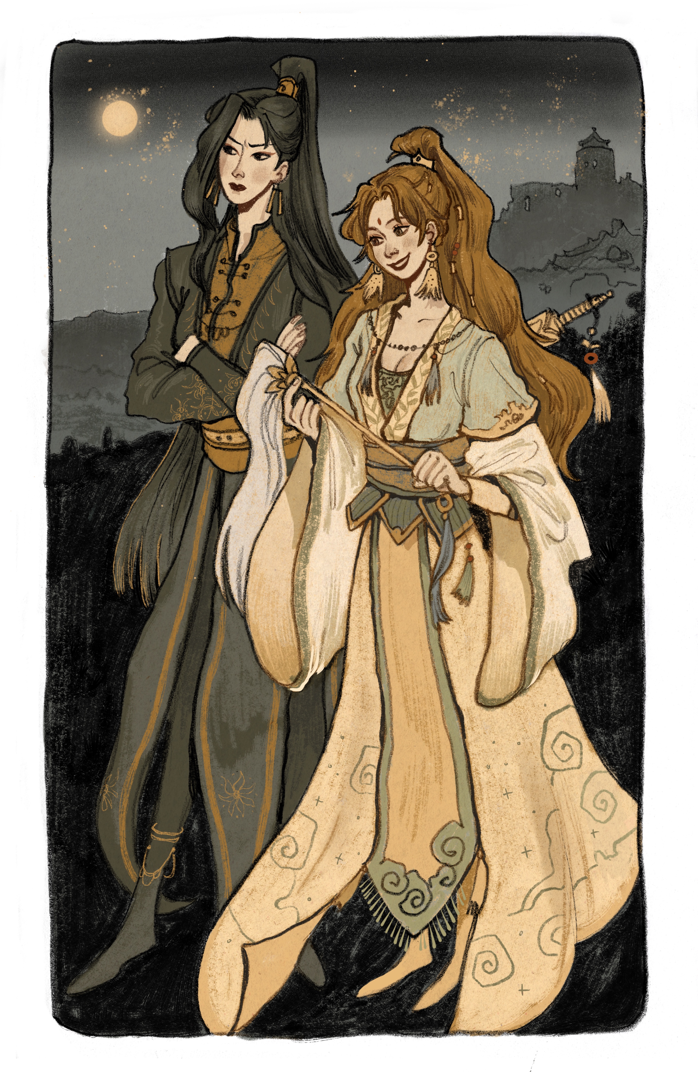 yaroslava murashko, ming yi, shi qingxuan, tianguan cifu, absurdres, highres, official art, 2girls, anklet, asymmetrical bangs, black border, black eyes, black hair, black hanfu, border, brown eyes, brown hair, brown theme, chinese clothes, closed mouth, cloud print, crossed arms, earrings, frown, full moon, genderswap, genderswap (mtf), gold anklet, gold trim, green hanfu, green sash, green trim, grey sky, hanfu, high ponytail, hill, holding, holding whisk, hossu, huadian, jewelry, long hair, long sleeves, monochrome, moon, multiple girls, night, open mouth, outdoors, ponytail, rounded corners, sash, sky, sky print, smile, standing, sword, sword on back, tassel, tassel earrings, two-tone hanfu, weapon, weapon on back, whisk, white border, xiao guan (headdress), yellow hanfu, yellow trim, yuntouxie