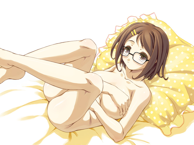 yousisi, original, breast hold, bed, breasts, brown eyes, brown hair, glasses, large breasts, nude, pillow, short hair, solo
