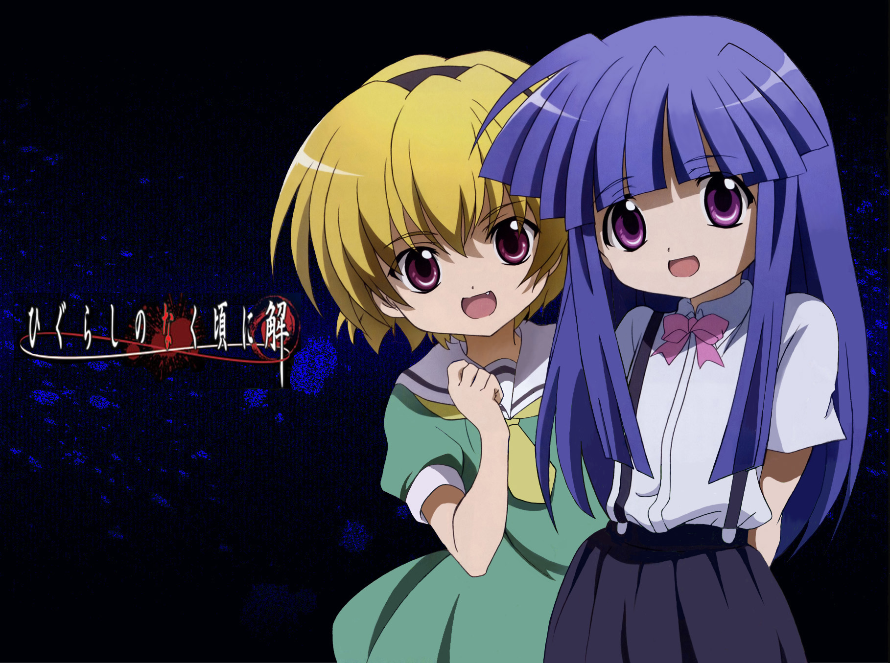 sakai kyuuta, furude rika, houjou satoko, higurashi no naku koro ni, highres, 00s, 2girls, blonde hair, blue hair, bow, dress, fang, green skirt, long hair, multiple girls, pink bow, purple eyes, short hair, skirt