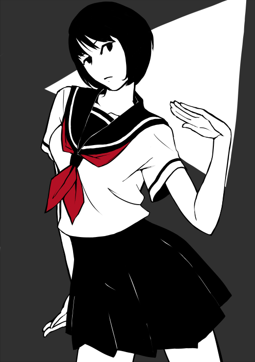 tanaka hirotaka, original, 1girl, black eyes, black hair, female focus, flat color, monochrome, school uniform, serafuku, short hair, skirt, solo