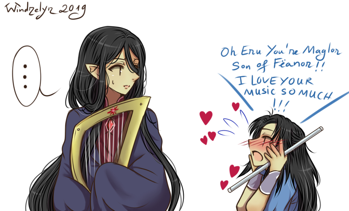 windrelyn, ecthelion, maglor, the silmarillion, tolkien's legendarium, !, !!, …, 2019, 2boys, artist name, black hair, blush, character name, elf, english text, flute, gem, hands on own face, harp, heart, height difference, holding, holding flute, holding harp, holding instrument, instrument, long hair, looking at another, male focus, multiple boys, one eye covered, open mouth, pointy ears, profile, simple background, speech bubble, sweat, sweatdrop, upper body, white background