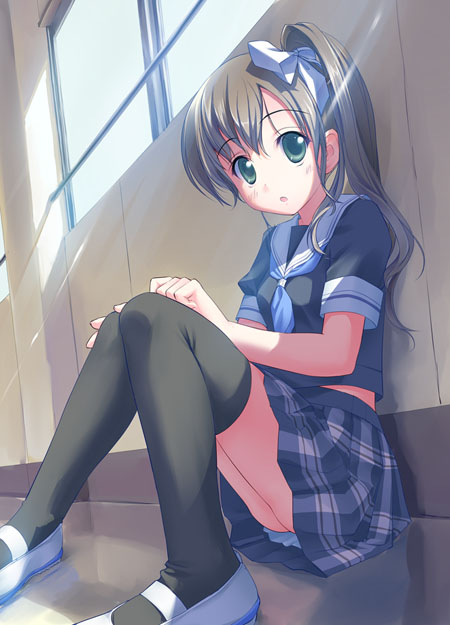 takoyaki (roast), original, hair ribbon, ponytail, ribbon, school uniform, serafuku, shoes, sitting, solo, thighhighs, uwabaki, zettai ryouiki
