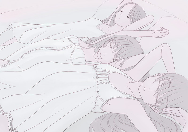 kiriman (souldeep), original, 3girls, armpits, arms up, bare legs, bare shoulders, breasts, buttons, chemise, cleavage, closed eyes, collarbone, flat chest, from side, head tilt, lying, multiple girls, on back, on bed, parted lips, pillow, sleeping, sleeveless, small breasts, smile, upper body