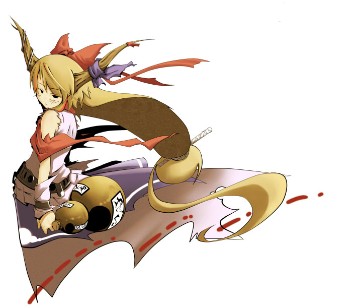 nabana, ibuki suika, touhou, 1girl, alcohol, bandages, belt, blonde hair, blush, bow, female focus, floating hair, gourd, hair bow, hair ornament, holding, horn ornament, horn ribbon, horns, long hair, low-tied long hair, red bow, ribbon, sake, shirt, simple background, skirt, sleeveless, sleeveless shirt, solo, torn clothes, white background, wrist cuffs