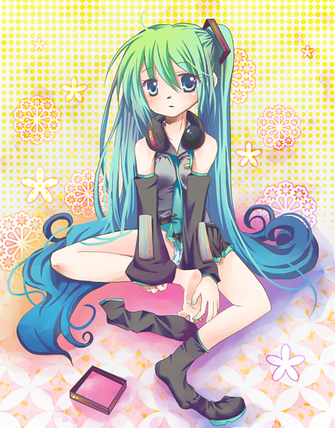 koike amuko, hatsune miku, vocaloid, bad id, bad pixiv id, 1girl, aqua hair, female focus, headphones, headphones around neck, long hair, socks, solo, thighhighs, very long hair