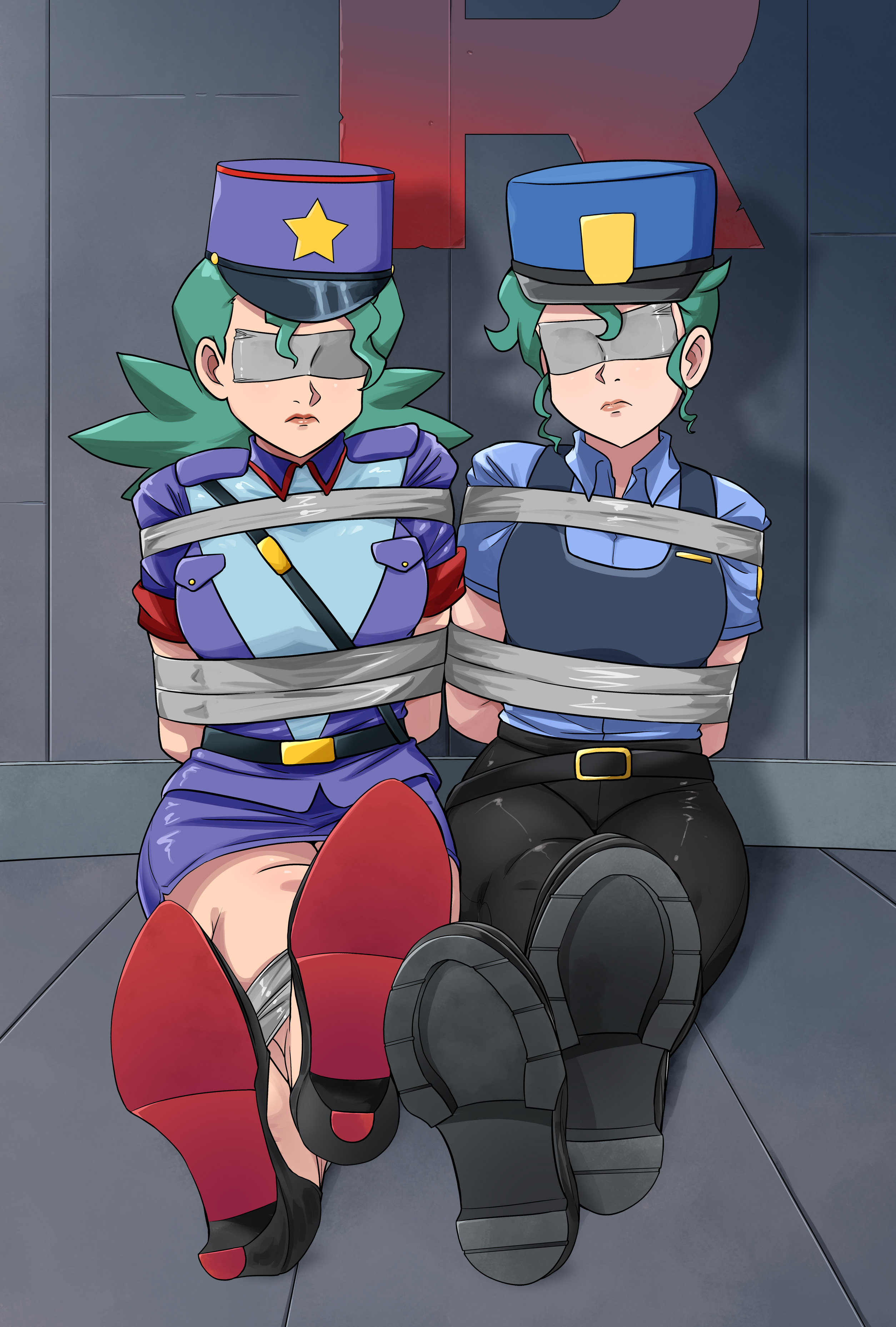 lost one zero, jenny (pokemon), nintendo, pokemon, pokemon (anime), pokemon (classic anime), pokemon bw (anime), absurdres, highres, 2girls, aqua hair, arms behind back, bdsm, bondage, bound, bound ankles, bound arms, breasts, hat, high heels, legs, lipstick, makeup, multiple girls, police, police hat, police uniform, policewoman, tape, tape bondage, taped eyes, team rocket