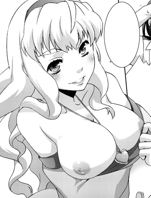 iuro, kuroo (project apricot), sheryl nome, macross, macross frontier, 00s, 1girl, breasts, cleavage, female focus, greyscale, monochrome, nipples, solo