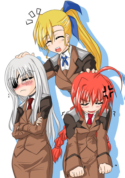sei2makoto, shibuya susano, cinque (nanoha), numbers (nanoha), vita (nanoha), vivio, lyrical nanoha, mahou shoujo lyrical nanoha, mahou shoujo lyrical nanoha a's, mahou shoujo lyrical nanoha strikers, silver hair, 00s, 3girls, anger vein, angry, blonde hair, blush, braid, eyepatch, headpat, multiple girls, red hair, side ponytail, twin braids