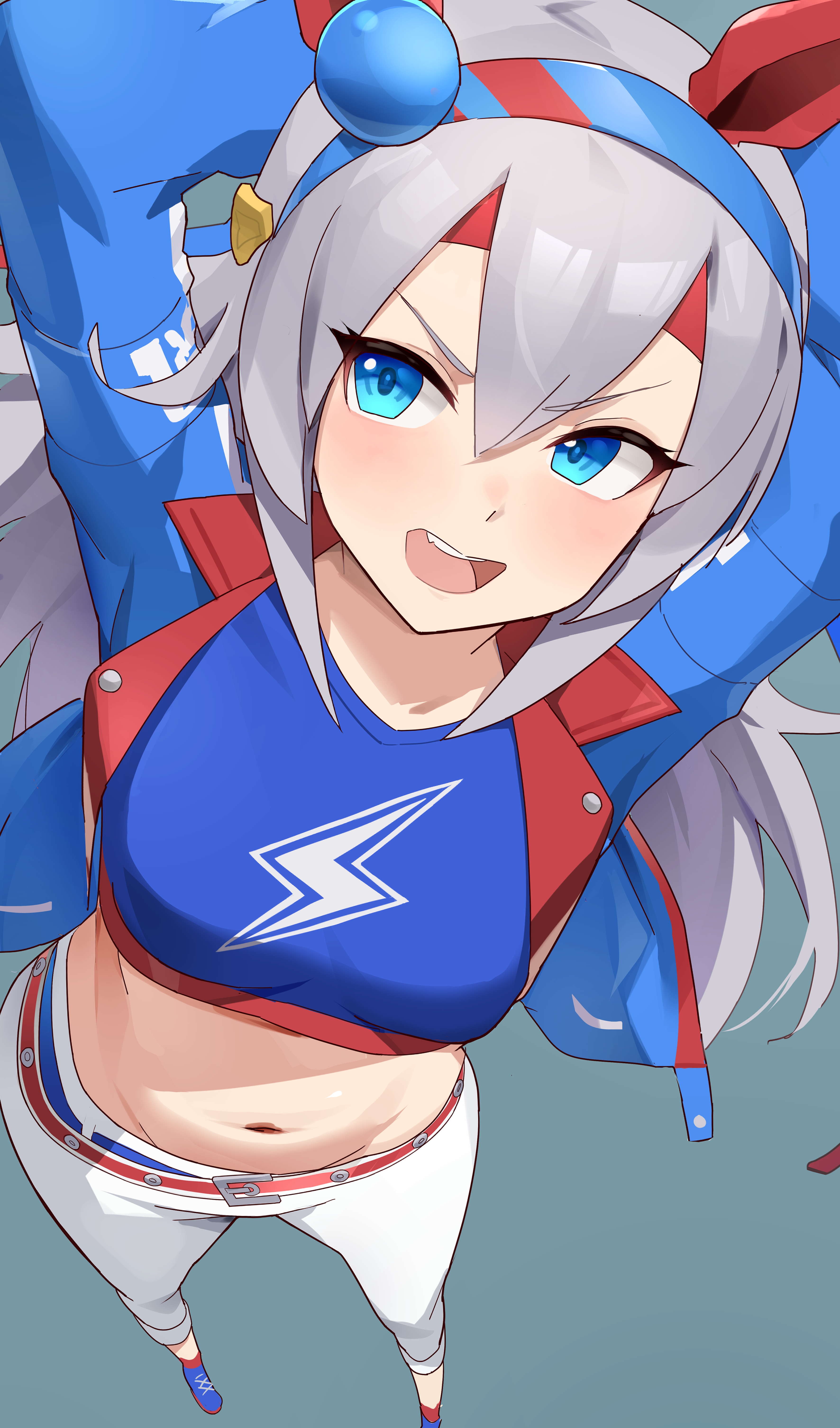 t-lex, tamamo cross (umamusume), umamusume, absurdres, highres, 1girl, animal ears, blue eyes, blue jacket, blue shirt, breasts, crop top, cropped torso, ear covers, ear ornament, foreshortening, grey background, grey hair, hair between eyes, hairband, horse ears, horse girl, horse tail, jacket, lightning bolt symbol, long hair, midriff, navel, open clothes, open jacket, open mouth, pants, shirt, simple background, smile, solo, standing, striped clothes, striped hairband, tail, tamamo cross (with lightning speed) (umamusume), white pants