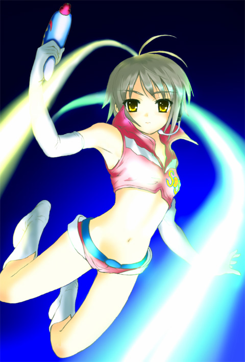 esuurya, nagato yuki, suzumiya haruhi no yuuutsu, silver hair, 00s, boots, elbow gloves, energy gun, gloves, headset, midriff, navel, ray gun, short hair, short shorts, shorts, solo, sos galactic patrol, weapon, white boots