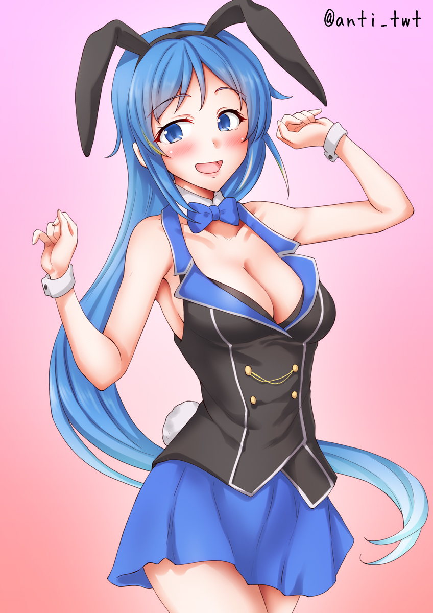 anti (untea9), miuka (bunny garden), samidare (kancolle), bunny garden, kantai collection, highres, 1girl, animal ears, bare shoulders, black vest, blue bow, blue bowtie, blue eyes, blue hair, blue skirt, blush, bow, bowtie, breasts, cleavage, collared vest, cosplay, gradient background, hostess, long hair, looking at viewer, miuka (bunny garden) (cosplay), nontraditional playboy bunny, open mouth, pink background, rabbit ears, skirt, smile, solo, very long hair, vest, wrist cuffs, yellow bow, yellow bowtie