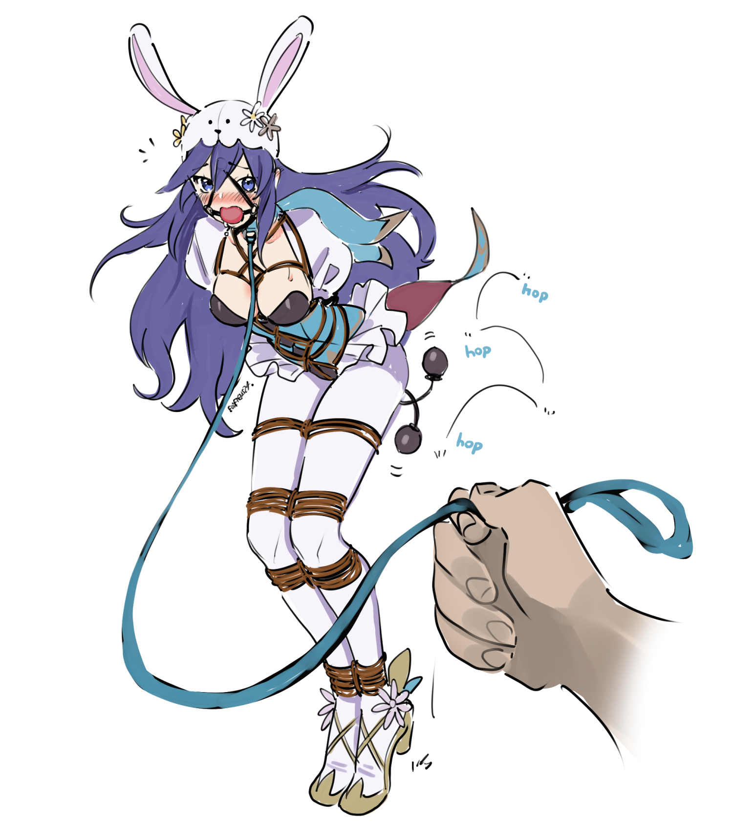eudetenis, lucina (fire emblem), fire emblem, fire emblem awakening, nintendo, highres, animal collar, arms behind back, ball gag, bdsm, bondage, bound, bound ankles, bound arms, bound legs, bound wrists, breast bondage, breasts, collar, crotch rope, gag, gagged, holding, holding leash, leash, pantyhose, playboy bunny, restrained, rope, sex toy, shibari, shibari over clothes, viewer holding leash, white pantyhose