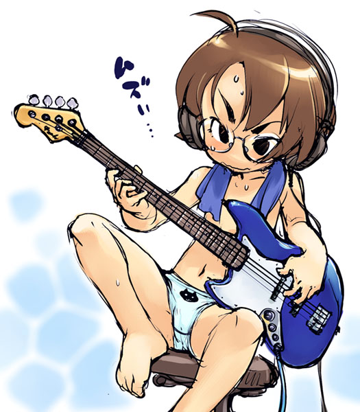 myuracchi (ayashii hon'ya), myuratch, original, 1girl, bass guitar, female focus, glasses, guitar, headphones, instrument, panties, print panties, solo, underwear