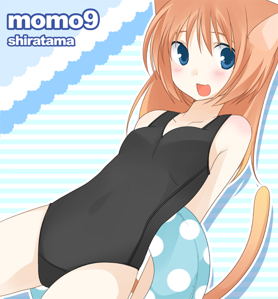 shiratama, shiratama yomogi, original, 1girl, animal ears, cat ears, cat tail, female focus, innertube, one-piece swimsuit, solo, swim ring, swimsuit, tail