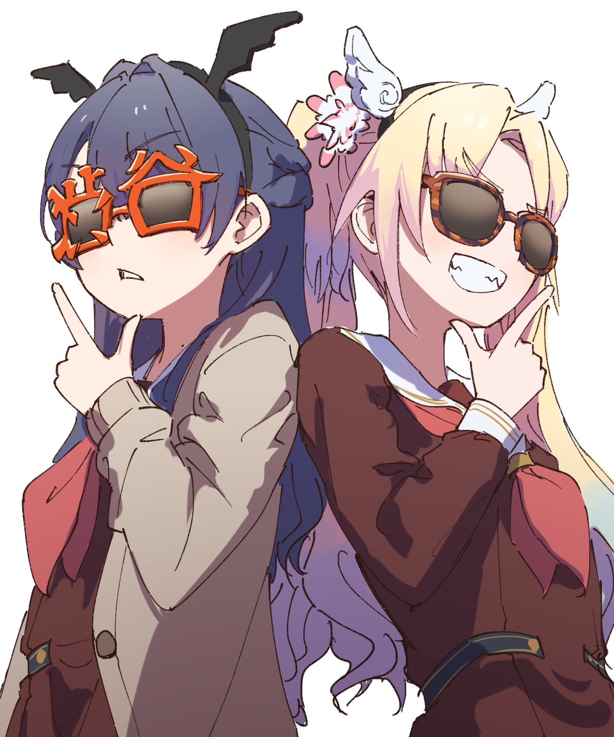 lao ren xing, murano sayaka, osawa rurino, link! like! love live!, love live!, highres, 2girls, black headband, blonde hair, blue hair, brown-framed eyewear, brown cardigan, brown dress, cardigan, dress, flower, gradient hair, grin, hair flower, hair ornament, half updo, hasu no sora school uniform, headband, l hand, mole, mole on neck, multicolored hair, multiple girls, neckerchief, open cardigan, open clothes, red-framed eyewear, red neckerchief, sailor dress, school uniform, smile, sunglasses, tortoiseshell-framed eyewear, white headband, winter uniform