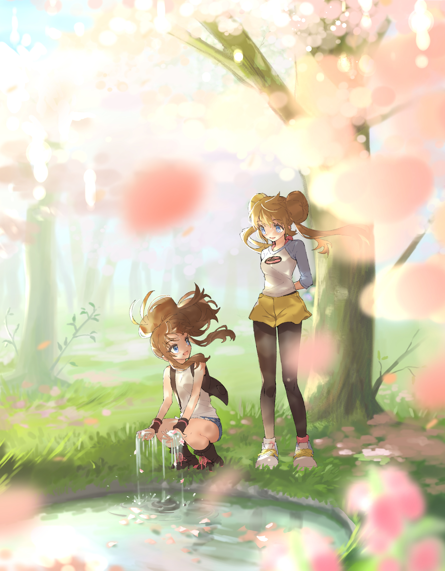 ankea (a-ramo-do), hilda (pokemon), rosa (pokemon), nintendo, pokemon, pokemon bw, pokemon bw2, highres, 2girls, :d, arms behind back, black boots, black pantyhose, black vest, blue eyes, blue shoes, blurry, bokeh, boots, breasts, bright pupils, brown hair, cherry blossoms, cutoffs, dappled sunlight, day, denim, denim shorts, depth of field, donut hair bun, double bun, falling petals, forest, hair bun, high ponytail, holding water, light blush, long hair, looking at another, multiple girls, nature, open clothes, open mouth, open vest, outdoors, pantyhose, pantyhose under shorts, petals, pink socks, poke ball print, ponytail, raglan sleeves, ripples, shirt, shoes, short shorts, shorts, sidelocks, sleeveless, sleeveless shirt, small breasts, smile, sneakers, socks, squatting, standing, sunlight, three-quarter sleeves, tree, turning head, twintails, vest, water, white pupils, white shirt, wind, wristband, yellow shorts