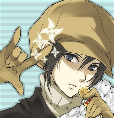 yue (pixiv), yoite, macross, macross frontier, nabari no ou, bad id, bad pixiv id, lowres, m/, black hair, gloves, hat, male focus, parody, seikan hikou, short hair, solo