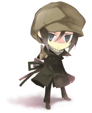 yue (pixiv), yoite, nabari no ou, bad id, bad pixiv id, lowres, 00s, 1boy, black hair, blue eyes, chibi, full body, gloves, hat, male focus, short hair, solo, white background