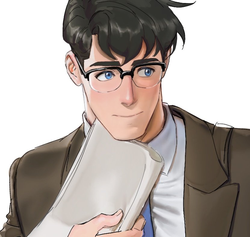 clark kent, dc comics, my adventures with superman, superman (series), 1boy, black hair, blazer, blue eyes, collared shirt, glasses, illuzyne, jacket, male focus, paper, shirt, upper body, white background