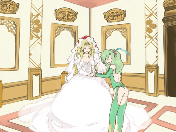 fahrenheit, rosa farrell, rydia (ff4), final fantasy, final fantasy iv, green legwear, 1990s (style), 2girls, ass, ass cutout, bare back, blonde hair, breasts, bridal gauntlets, bridal veil, chaps, cleavage, closed eyes, clothing cutout, detached sleeves, dress, female focus, green hair, hair ornament, hairband, indoors, juliet sleeves, legs, leotard, long hair, long legs, long sleeves, multiple girls, open mouth, profile, puffy sleeves, standing, tears, thighhighs, thighs, thong leotard, veil, wedding, wedding dress