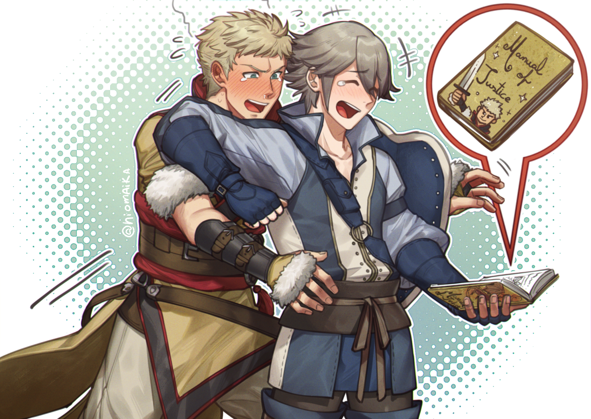 shg (hiomaika), inigo (fire emblem), owain (fire emblem), fire emblem, fire emblem awakening, nintendo, commission, 2boys, blonde hair, book, fingerless gloves, gloves, grey hair, holding, holding book, multiple boys, open book, open mouth, speech bubble